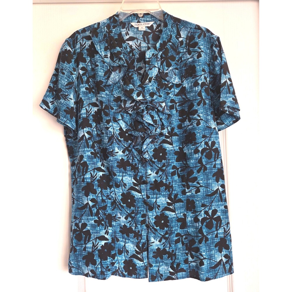 VTG Pendleton Silk Blue Black Floral Ruffle V-Neck Button‎ Blouse Sz 16 Y2K